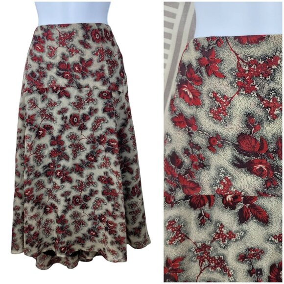 Anne Klein 100% Silk Skirt Plus 18W 18 A-line Floral Rose alt Below Knee Tan Red - Picture 1 of 6